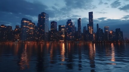 Fototapeta premium A city skyline illuminated at dusk, reflecting on water, showcasing urban beauty and tranquility.