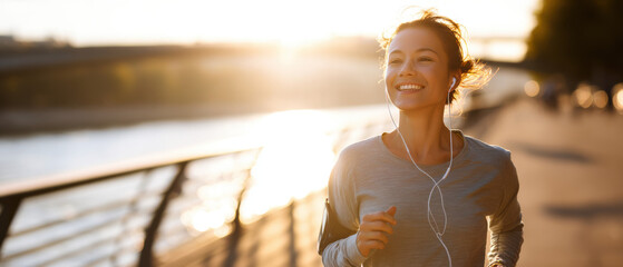 Happy young woman jogging outdoors along a riverside at sunrise, listening to music with earphones and enjoying an active and healthy lifestyle.