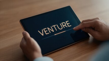 Hands Interacting With Tablet Displaying Venture Text