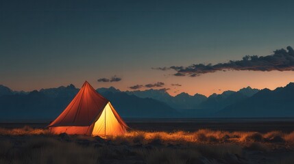Elegant photo of illuminated Tent on Grassy Plain at Dusk with Mountain Range.