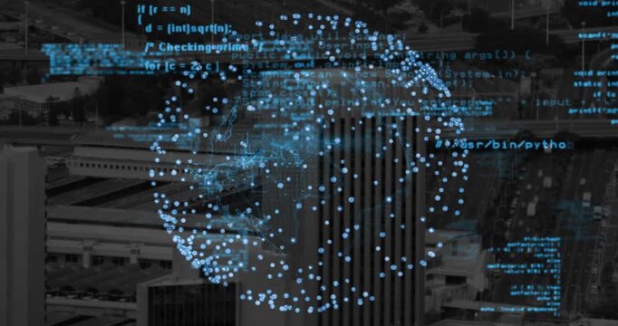 Upon aerial view sphere forming over city rotating glowing nodes streaming code to visualize data