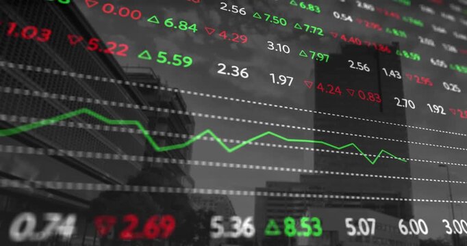 On startup overlay showing stock values scrolling upward, trend fluctuating to show market moves