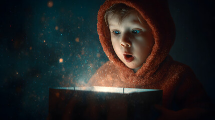 Amazed little boy in cozy hood opening a glowing gift box with sparkling dust, capturing childhood wonder, magical surprise and festive holiday imagination in dark moody room