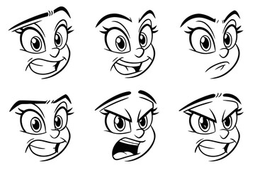 Cartoon Face Expressions Set Vector Illustration of Different Emotions Black and White