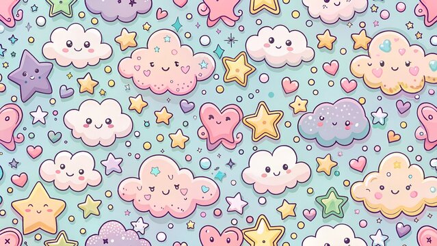 Generate a collection of cute pastel kawaii backgrounds with playful elements like stars, clouds, and hearts – perfect for social media posts and phone wallpapers