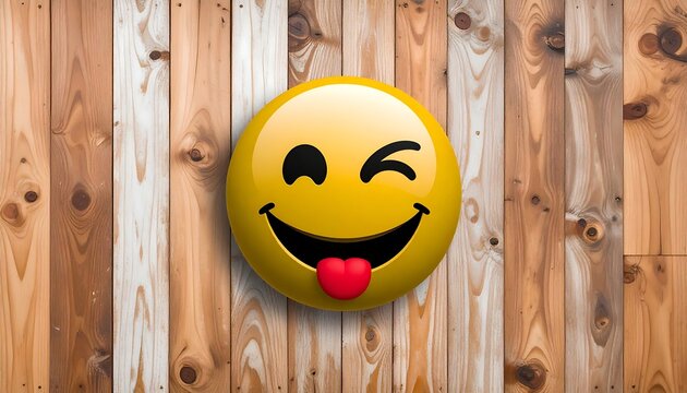 Winking emoticon with tongue sticking out, on light brown wooden planks