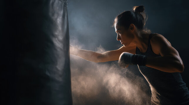 Focused female boxer training with punching bag in dramatic lighting, powder particles in the air.