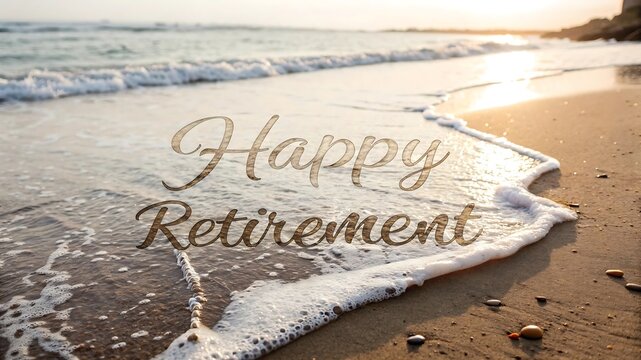 The words happy retirement spelled out in pebbles on a sandy beach with gentle waves washing ashore at sunset