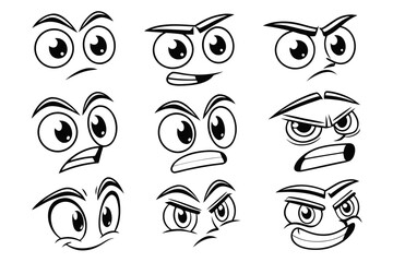 Cartoon Face Expressions Set Vector Illustration of Different Emotions Black and White