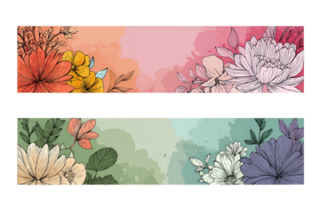 Delicate watercolor floral banners with sketched flowers