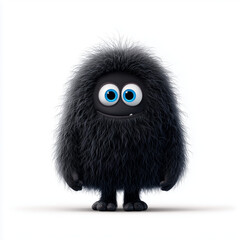 Furry black monster with blue eyes, cartoon character on white background