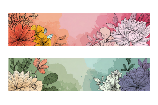 Delicate watercolor floral banners with sketched flowers