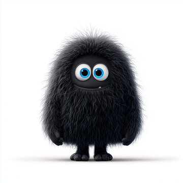 Furry black monster with blue eyes, cartoon character on white background