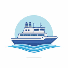 Stylized Blue and White Ship on Ocean Waves with a Light Blue Circular Backdrop