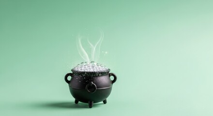 Bubbling witch's cauldron with smoke on a light green background for halloween