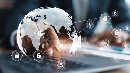 A businessperson's hand interacts with digital financial data overlaid on a laptop keyboard. - Powered by Adobe