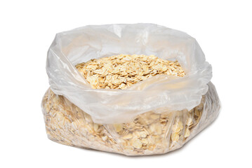Transparent open package with oatmeal, food product isolated on white background