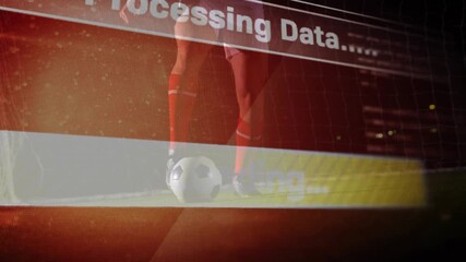 Soccer player tapping ball to keep control while sports analytics overlay filling under floodlights - Powered by Adobe