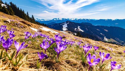 Hillside of purple crocus flowers with snowy mountains against a sunny blue sky
