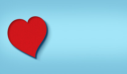 Vibrant red heart cutout casting soft shadow on clean light blue background, perfect for love, greeting themes
