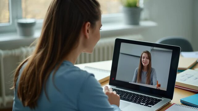 A student participates in an interactive online learning session with a teacher, showcasing modern educational technology in a cozy study space.