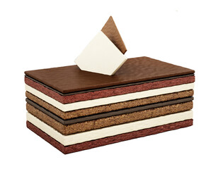 Chocolate cake slices with multiple layers on transparent background. 3D illustration