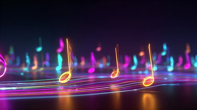 A vibrant symphony of neon music notes dancing in harmony creating a futuristic soundscape in sharp