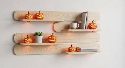 Halloween pumpkins glowing on wooden shelves with books and a succulent plant