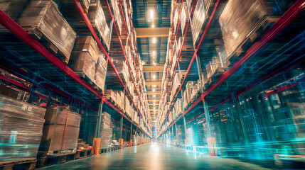 Large industrial warehouse with high shelves and stacked boxes, illuminated by overhead lights and motion blur effects