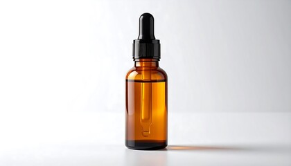 Amber glass bottle with a black dropper on a clean white background in studio lighting
