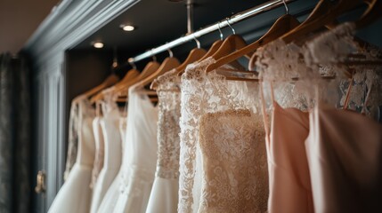 Elegant photo of luxurious and elegant bridal boutique with wedding dresses hanging on hangers.