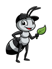 Cartoon Ant Mascot with Cap Holding Leaf