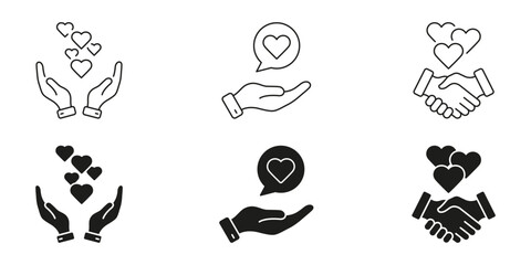 Naklejka premium Hands And Hearts Line And Silhouette Icon Set. Love, Care, And Support Symbol Collection. Compassionate Communication And Partnership Symbol. Isolated Vector Illustration