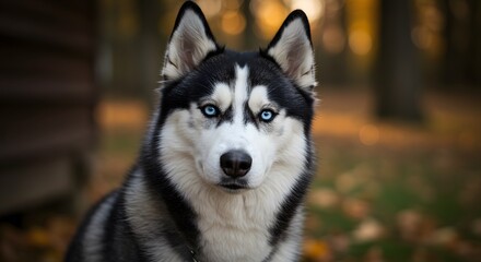 Siberian Husky with Blue Eyes and Black-and-White Coat Sitting Outdoors Among Fallen Leaves and Autumn Trees with Yellow and Orange Foliage