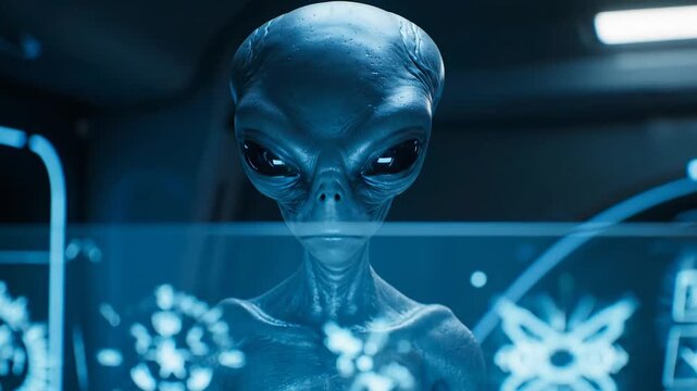 Intelligent alien observes futuristic holographic interface with advanced technology and glowing data streams, hinting at extraterrestrial communication and discovery.