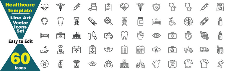 Extensive Line Art Vector Icons Set. Healthcare and Medical Themes illustration. 