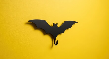 Fototapeta premium Black bat shaped hook against a bright yellow wall for halloween decoration