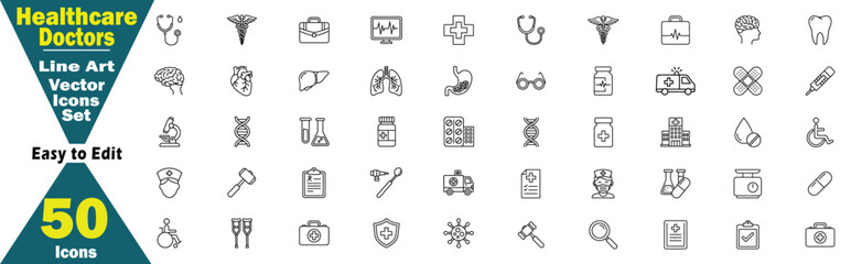 Healthcare Doctors Line Art Vector Icons Set. 50 Icons healthcare, doctors, line art, vector, icons, set, medical concept vector illustration.  