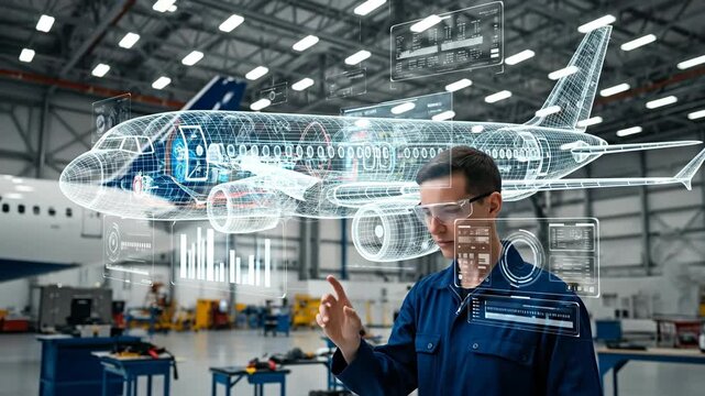 Engineer Inspecting Aircraft with Augmented Reality - A young engineer in a hangar uses augmented reality technology to examine a detailed 3D holographic model of an airplane, surrounded by