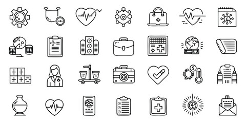 Healthcare Medical Line Art Icons. Various Symbols: healthcare, medical, line art, icons, symbols, gear, timer illustration. 
