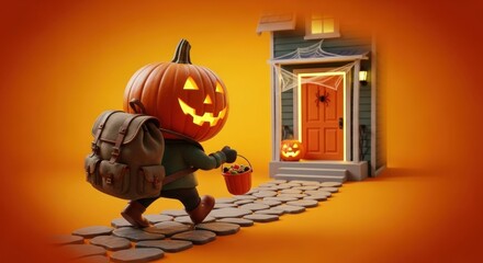 Pumpkin headed character trick or treating on halloween night with a backpack