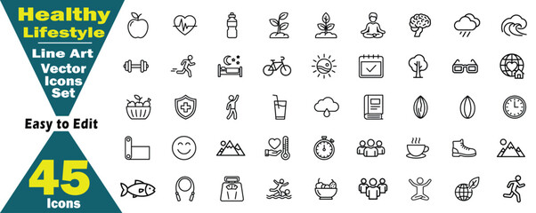 Healthy Lifestyle Line Art Vector Icons Set. Easy to Edit 45 Icons illustration.