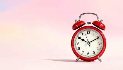 Classic Red Twin Bell Alarm Clock on Pale Pink Background Indicating Ten O'Clock Studio Shot