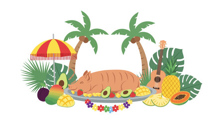 Whole Roasted Pig Feast with Tropical Fruits and Hawaiian Decorations.