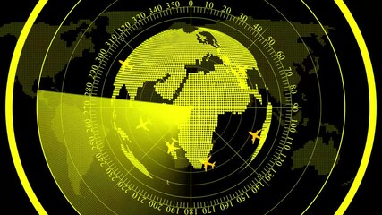 Abstract animated radar sweep displaying earth globe. Radar screen scanning the globe. radar animation world map surveillance tracking 4k loop. - Powered by Adobe