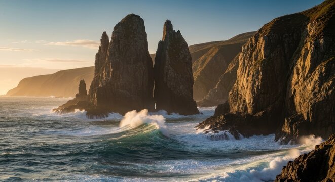 Dramatic coastal scene at sunset. Dark, craggy rock formations pierce the ocean, with waves crashing against them. Golden light bathes the scene - Powered by Adobe
