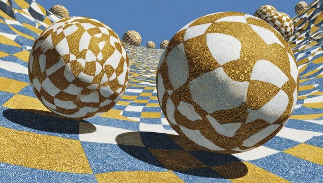 Gold and white spheres on a checkered landscape