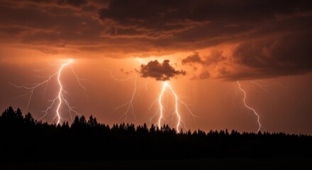 Dramatic lightning storm over dark silhouette forest