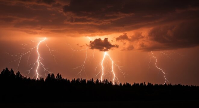 Dramatic lightning storm over dark silhouette forest