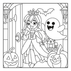 Cheerful princess with ghost in Halloween scene